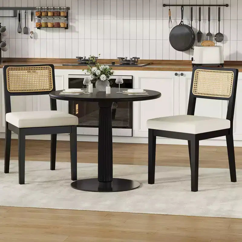 Set of 2 Rattan Dining Chairs, Mid-Century Modern Farmhouse Kitchen Chairs with Wooden Frame & Rattan Back for Dining & Living Room