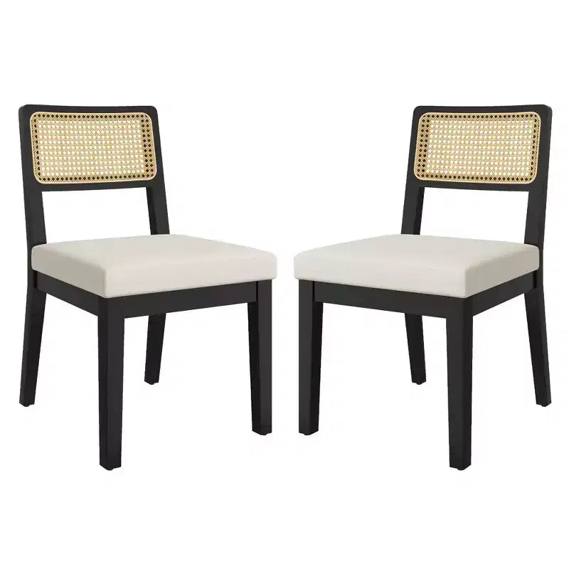 Set of 2 Rattan Dining Chairs, Mid-Century Modern Farmhouse Kitchen Chairs with Wooden Frame & Rattan Back for Dining & Living Room