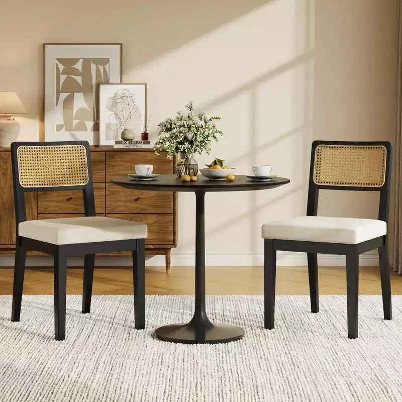 Set of 2 Rattan Dining Chairs, Mid-Century Modern Farmhouse Kitchen Chairs with Wooden Frame & Rattan Back for Dining & Living Room