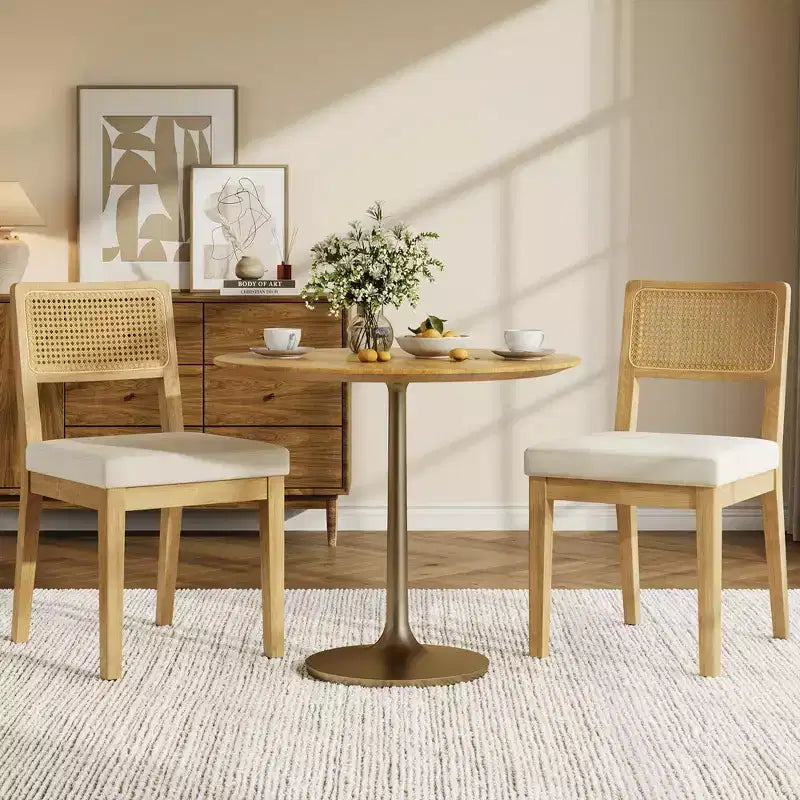Set of 2 Rattan Dining Chairs, Mid-Century Modern Farmhouse Kitchen Chairs with Wooden Frame & Rattan Back for Dining & Living Room