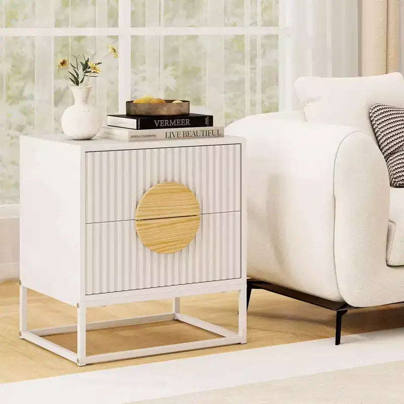 1/2 PCS Fluted Nightstand with 2 Drawers with Pine Wood Handles & Metal Frame for Bedroom Black/White