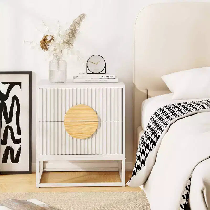 1/2 PCS Fluted Nightstand with 2 Drawers with Pine Wood Handles & Metal Frame for Bedroom Black/White
