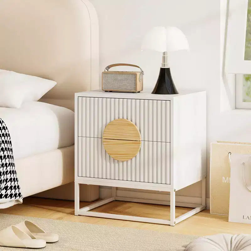 1/2 PCS Fluted Nightstand with 2 Drawers with Pine Wood Handles & Metal Frame for Bedroom Black/White