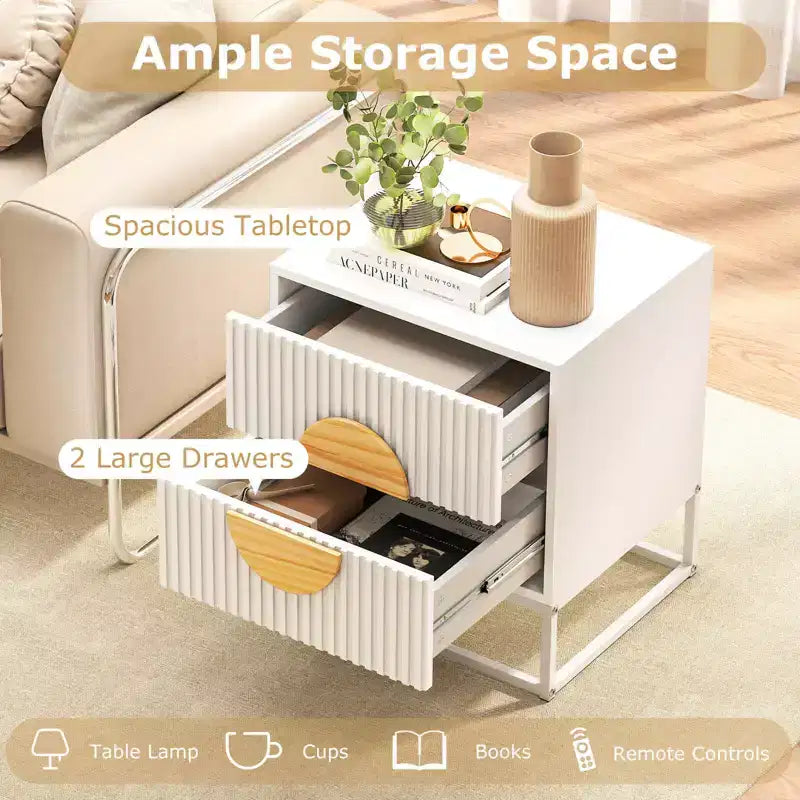 1/2 PCS Fluted Nightstand with 2 Drawers with Pine Wood Handles & Metal Frame for Bedroom Black/White