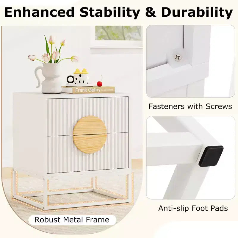 1/2 PCS Fluted Nightstand with 2 Drawers with Pine Wood Handles & Metal Frame for Bedroom Black/White