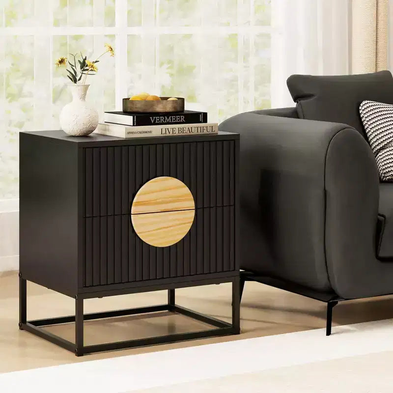 1/2 PCS Fluted Nightstand with 2 Drawers with Pine Wood Handles & Metal Frame for Bedroom Black/White