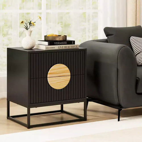 1/2 PCS Fluted Nightstand with 2 Drawers with Pine Wood Handles & Metal Frame for Bedroom Black/White