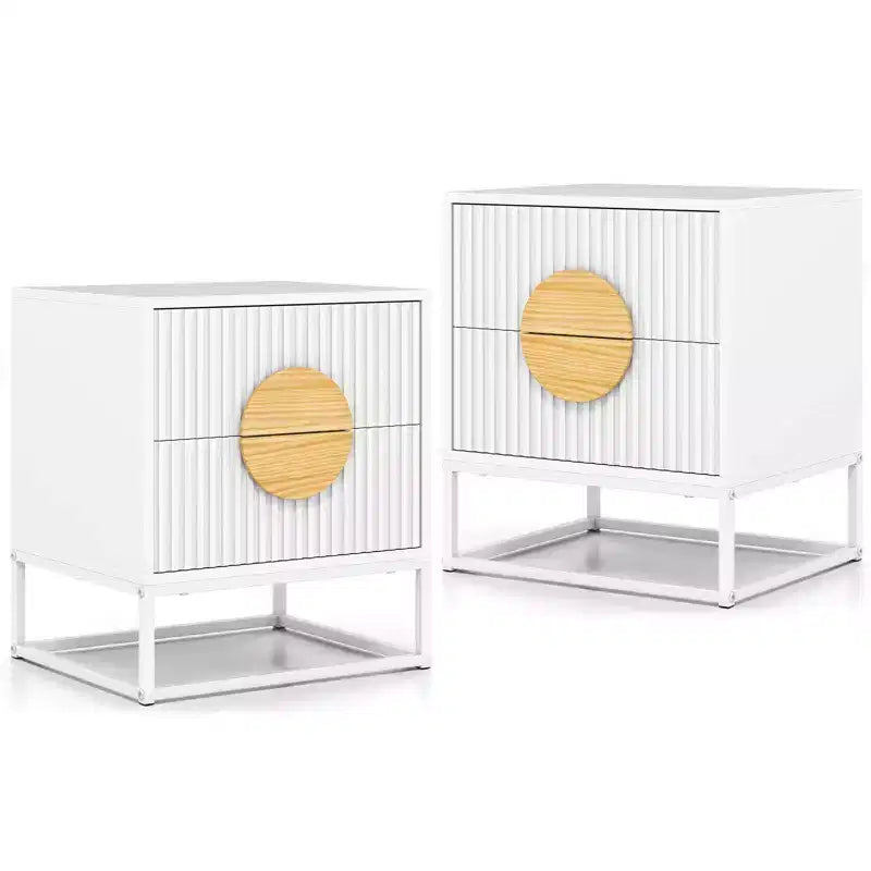 1/2 PCS Fluted Nightstand with 2 Drawers with Pine Wood Handles & Metal Frame for Bedroom Black/White