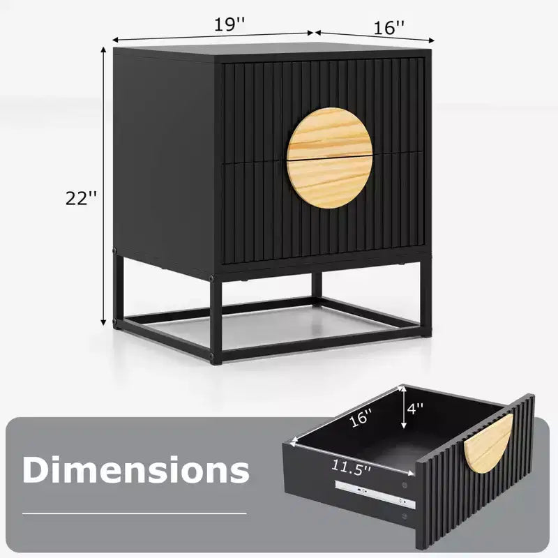 1/2 PCS Fluted Nightstand with 2 Drawers with Pine Wood Handles & Metal Frame for Bedroom Black/White