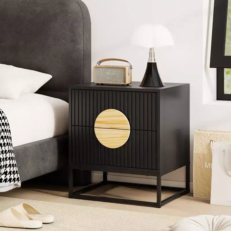 1/2 PCS Fluted Nightstand with 2 Drawers with Pine Wood Handles & Metal Frame for Bedroom Black/White