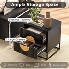 1/2 PCS Fluted Nightstand with 2 Drawers with Pine Wood Handles & Metal Frame for Bedroom Black/White
