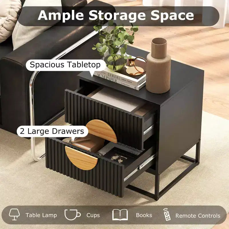 1/2 PCS Fluted Nightstand with 2 Drawers with Pine Wood Handles & Metal Frame for Bedroom Black/White