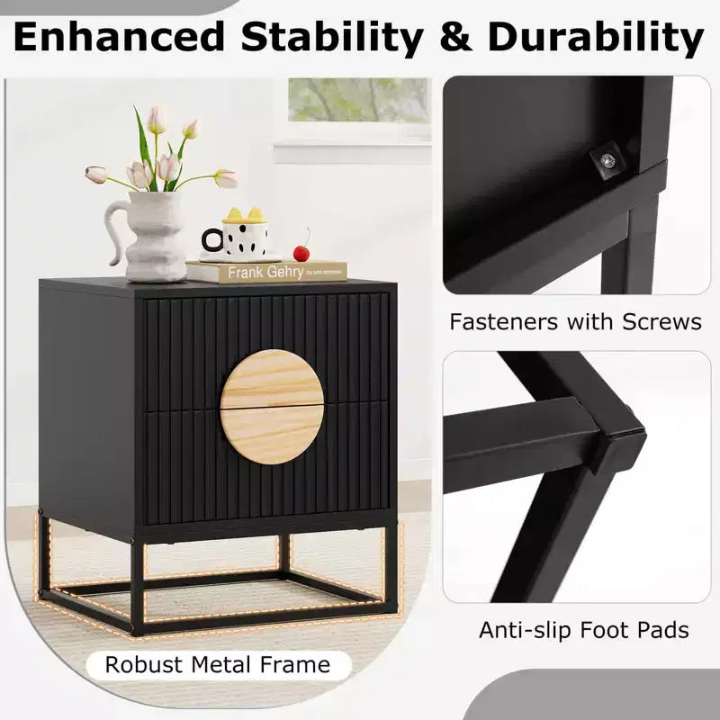 1/2 PCS Fluted Nightstand with 2 Drawers with Pine Wood Handles & Metal Frame for Bedroom Black/White
