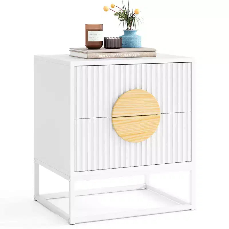 1/2 PCS Fluted Nightstand with 2 Drawers with Pine Wood Handles & Metal Frame for Bedroom Black/White