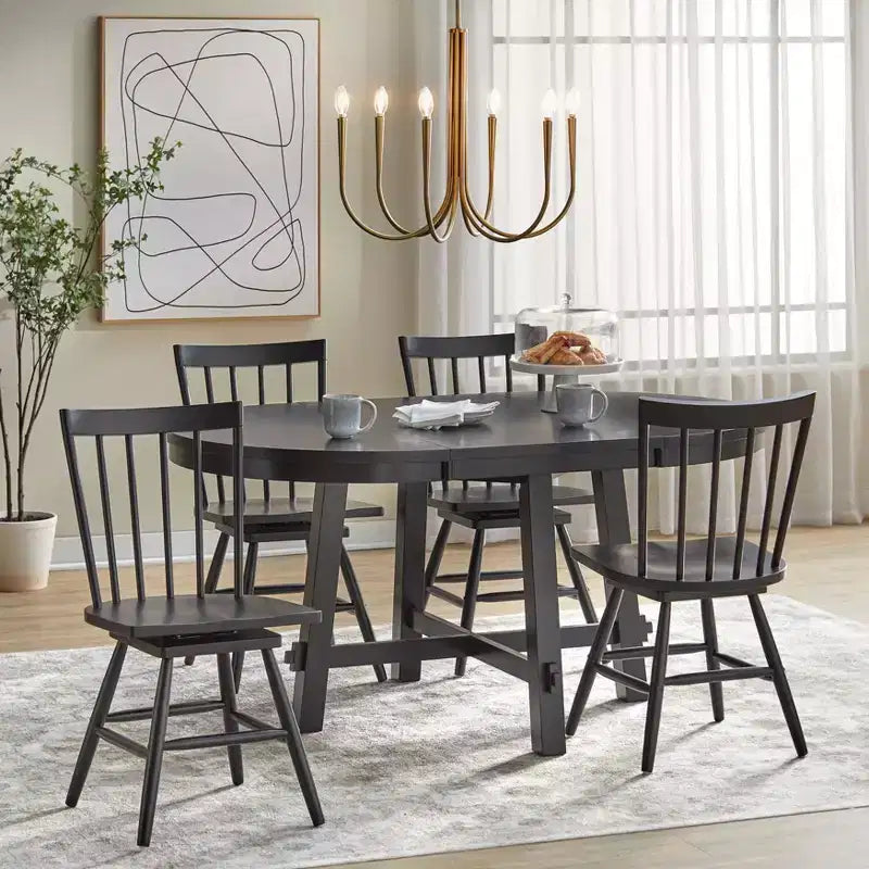 5pc Aspen Farmhouse Extendable Dining Set with Solid Wood Swivel Chairs Matte Black